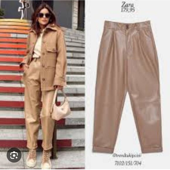 ZARA | Faux Leather Pants Cropped Beige Sz L - Picture 2 of 6